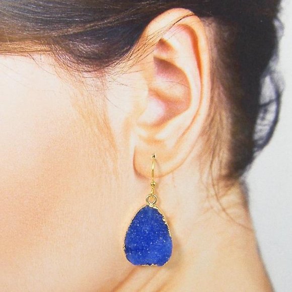 New 14K Gold Black Druzy Teardrop Dangle Earrings - Picture 6 of 13